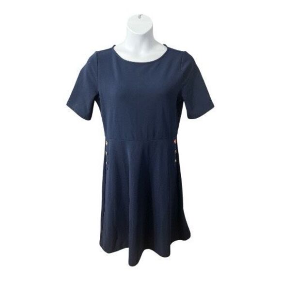 Ann Taylor Factory Blue Sheath Dress Size 12 Short Sleeve Scoop Neck Midi - Picture 2 of 8